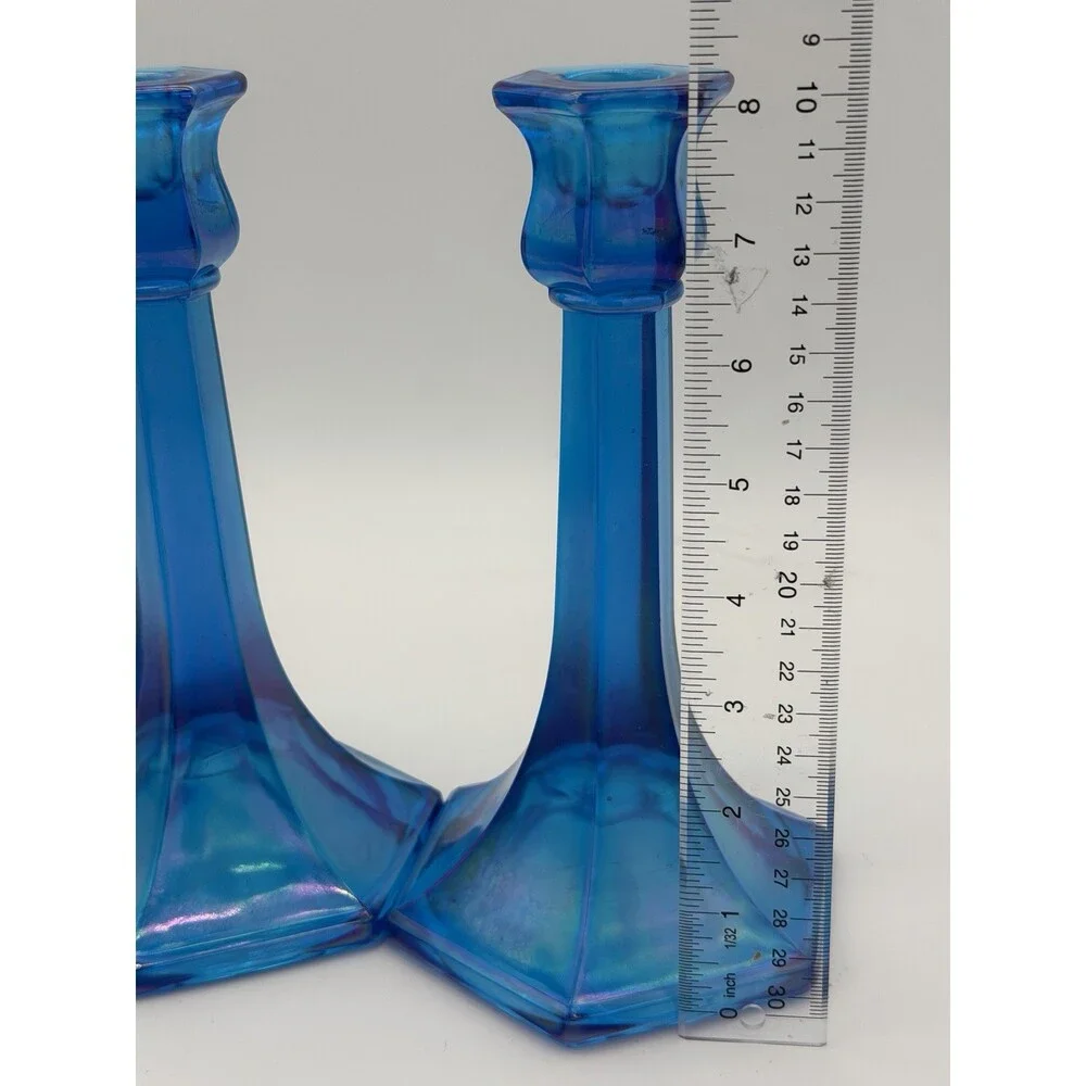 Fenton Florentine Celeste Blue Iridescent Carnival Art Glass Candle Sticks